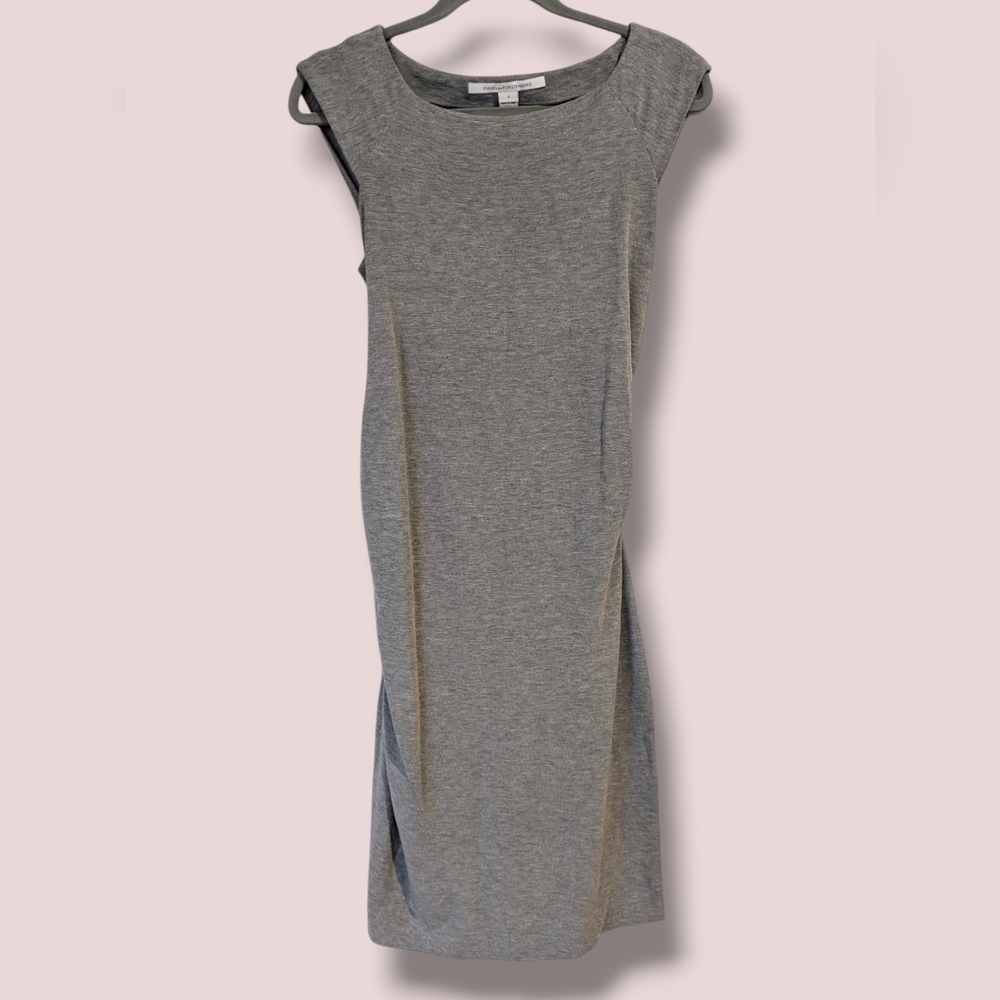 Diane Von Furstenberg Grey Ruched Cap Sleeve Jersey Gabi Midi Dress Minimalist